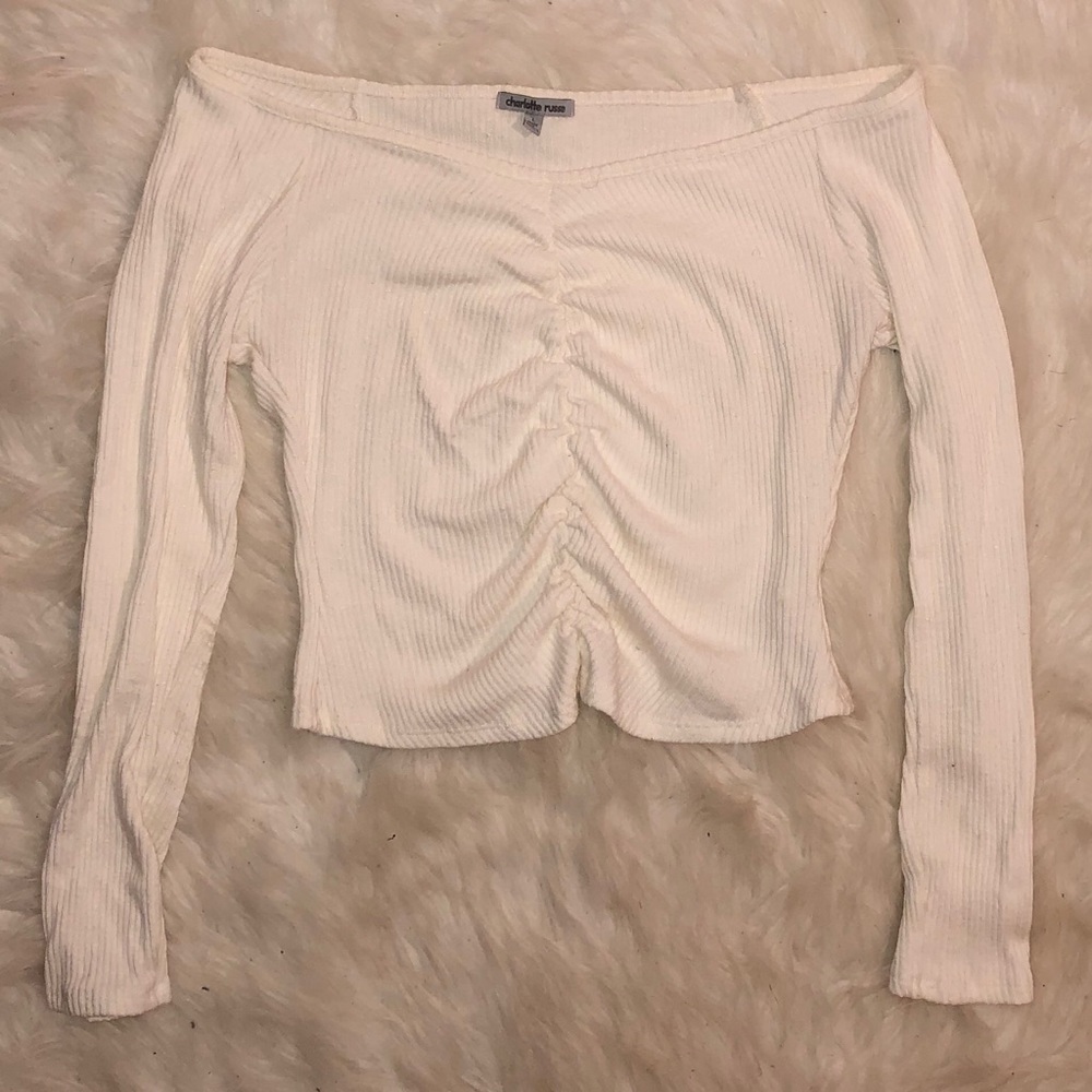 Off The Shoulder Ribbed Sweater with Ruching
